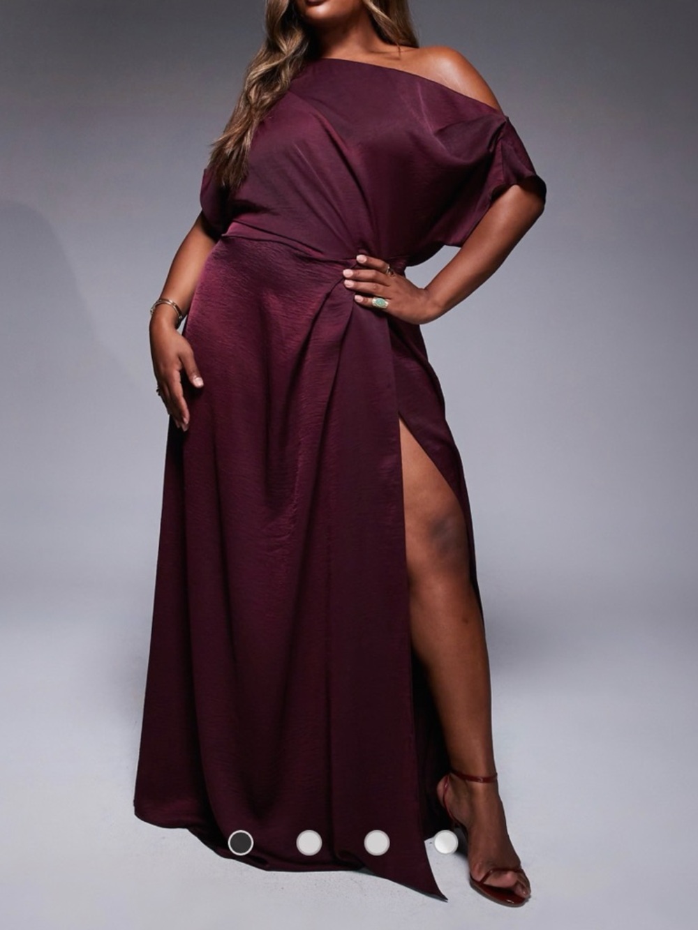 ASOS Design Curve Satin Off-Shoulder High Slit Maxi Dress in Burgundy Size 14